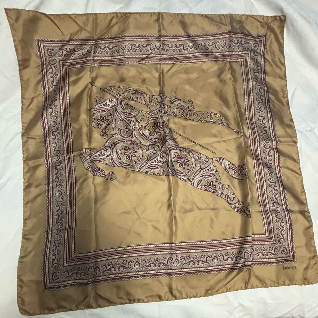Vintage Silk Burberry Tan And Brown Paisley Horse Scarf.Made In Italy